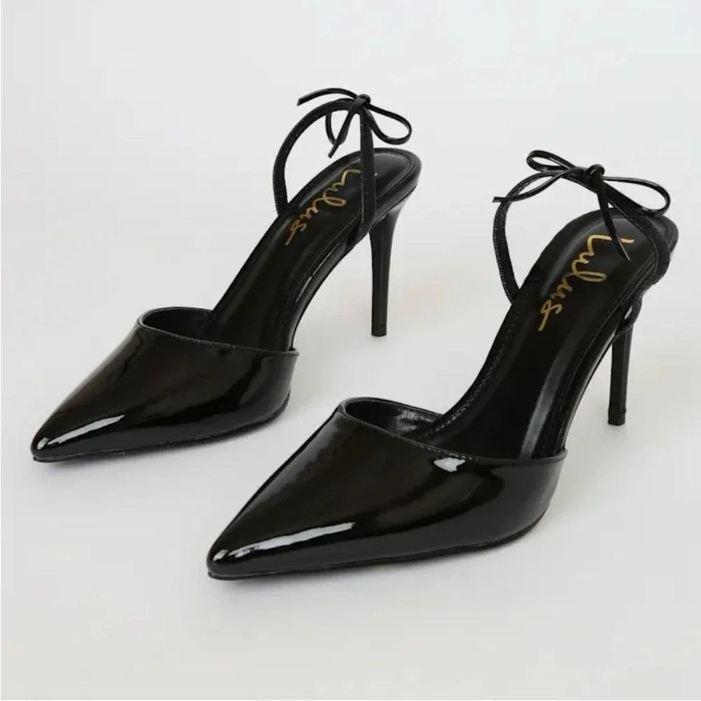 Lulu's Sagaa black patent Pointed toe sling back Heels 4 inches woman's 6.5
